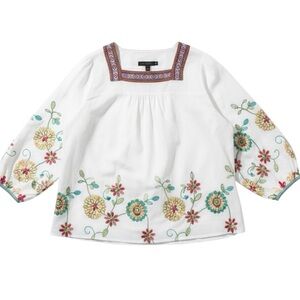 Calessa Embroidered White Cotton Floral Puff SleeveTunic Square Neck Blouse 1X